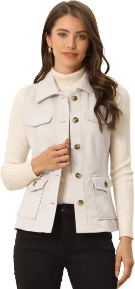 Allegra K Women's Faux Suede Vest Utility Buttoned Sleeveless Jacket with Cargo Pocket