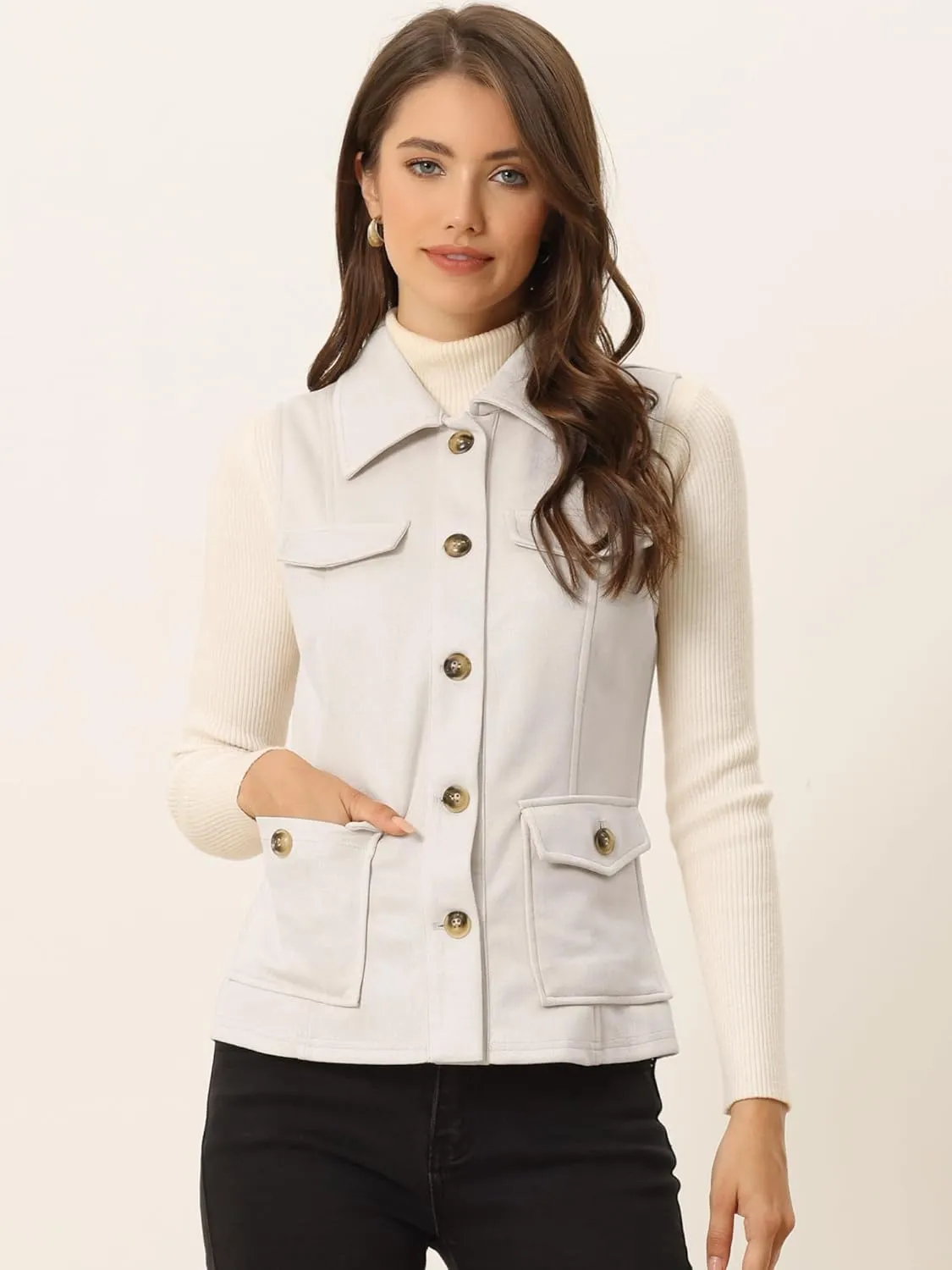 Allegra K Women's Faux Suede Vest Utility Buttoned Sleeveless Jacket with Cargo Pocket
