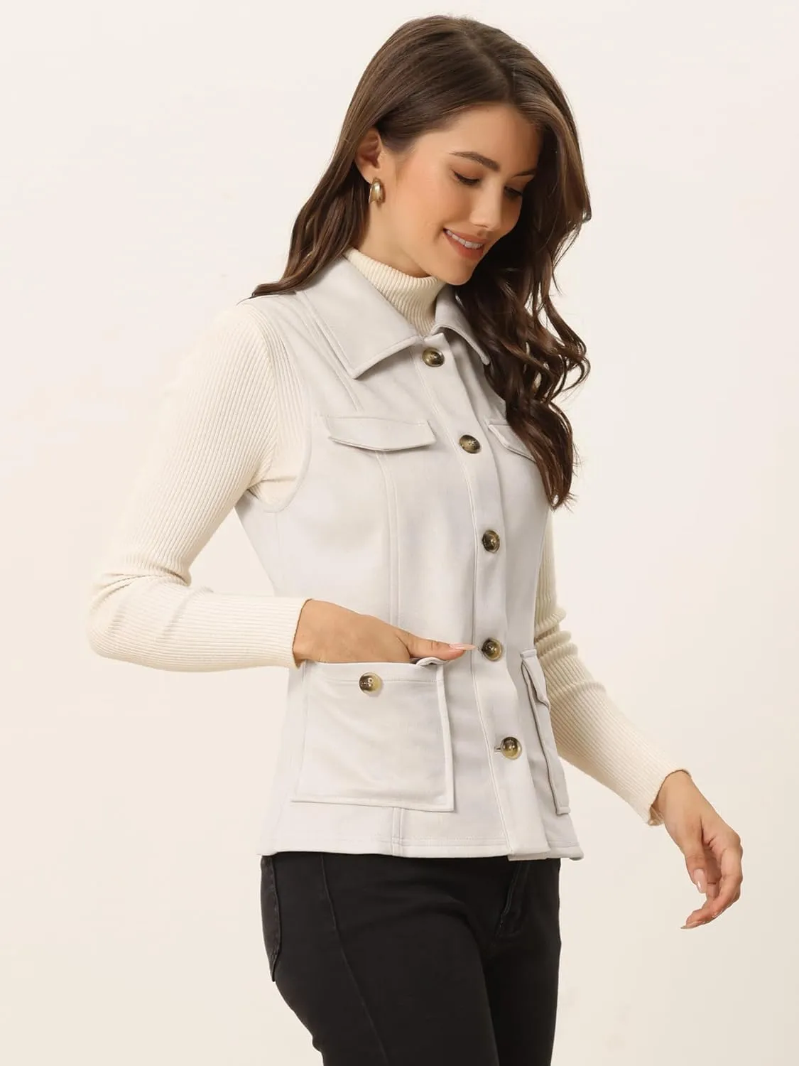 Allegra K Women's Faux Suede Vest Utility Buttoned Sleeveless Jacket with Cargo Pocket