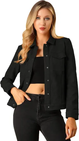 Allegra K Women's Turn-Down Collar Flap Pockets Snap Button Faux Suede Jacket