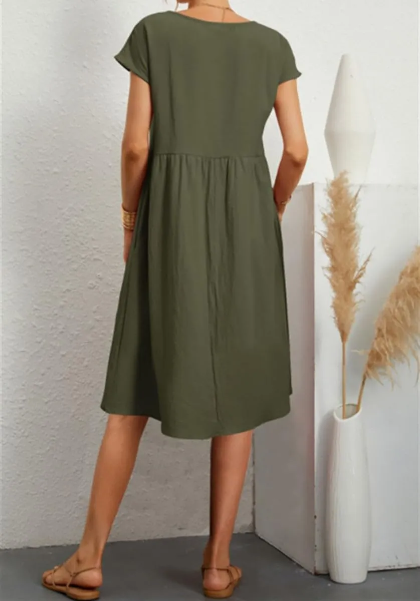 BIRW Cotton Linen Dresses for Women 2025 Summer Casual A Line Flowy Dress Beach Vacation Midi Gauze Dress with Pockets