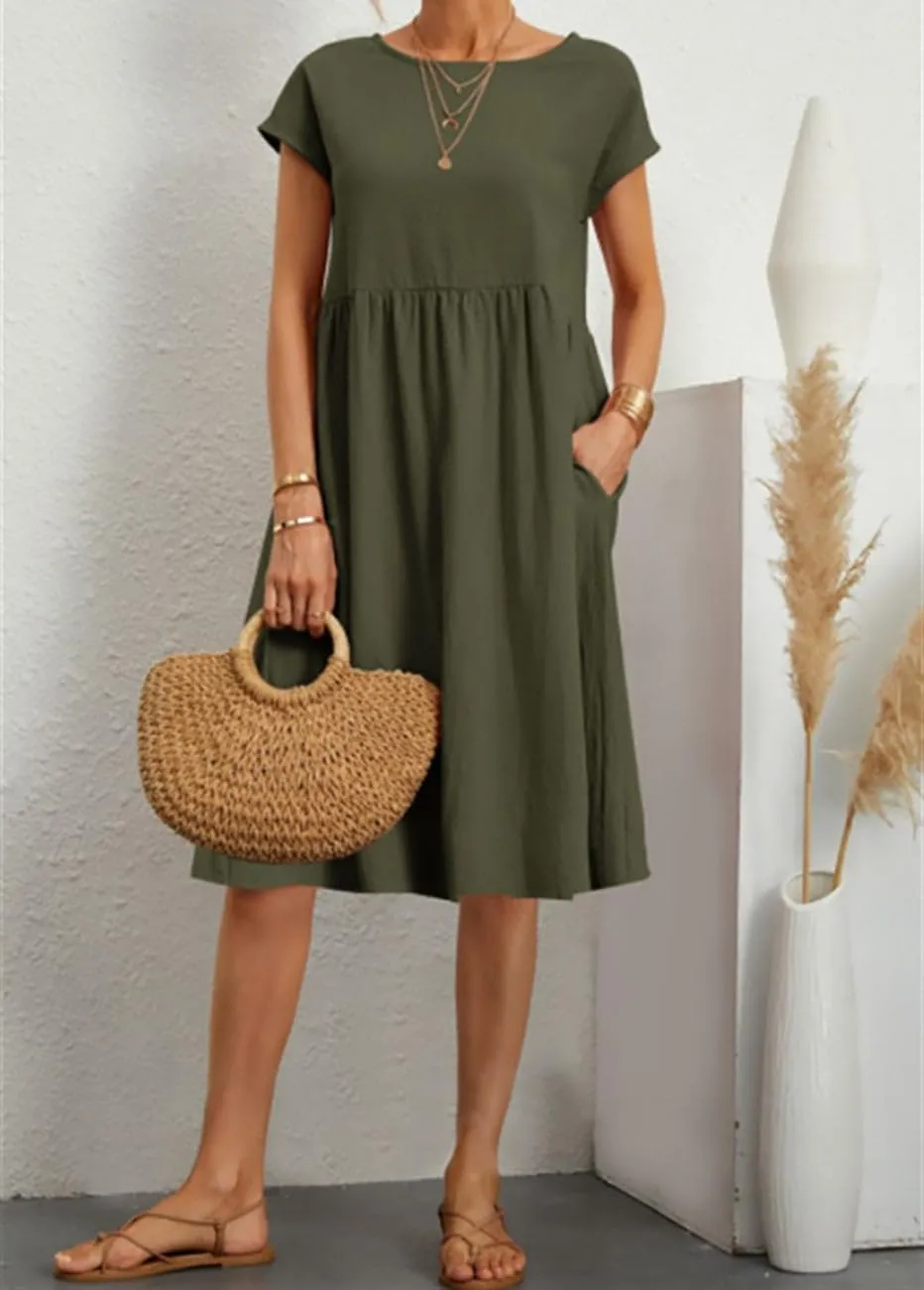 BIRW Cotton Linen Dresses for Women 2025 Summer Casual A Line Flowy Dress Beach Vacation Midi Gauze Dress with Pockets
