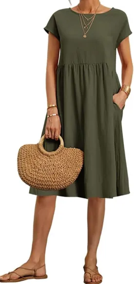 BIRW Cotton Linen Dresses for Women 2025 Summer Casual A Line Flowy Dress Beach Vacation Midi Gauze Dress with Pockets