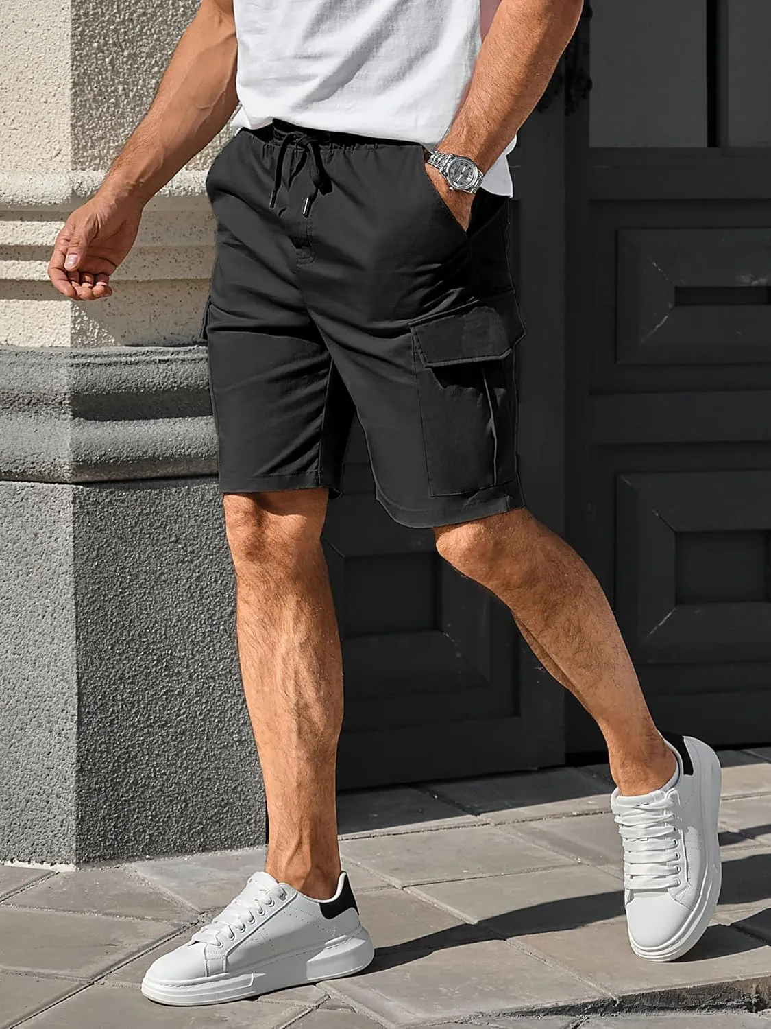 Comdecevis Mens Casual Cargo Shorts Cotton Drawstring Classic Cargo Stretch Short with 6 Pockets