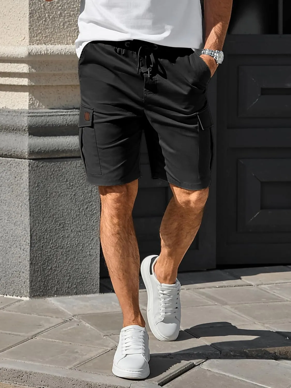 Comdecevis Mens Casual Cargo Shorts Cotton Drawstring Classic Cargo Stretch Short with 6 Pockets