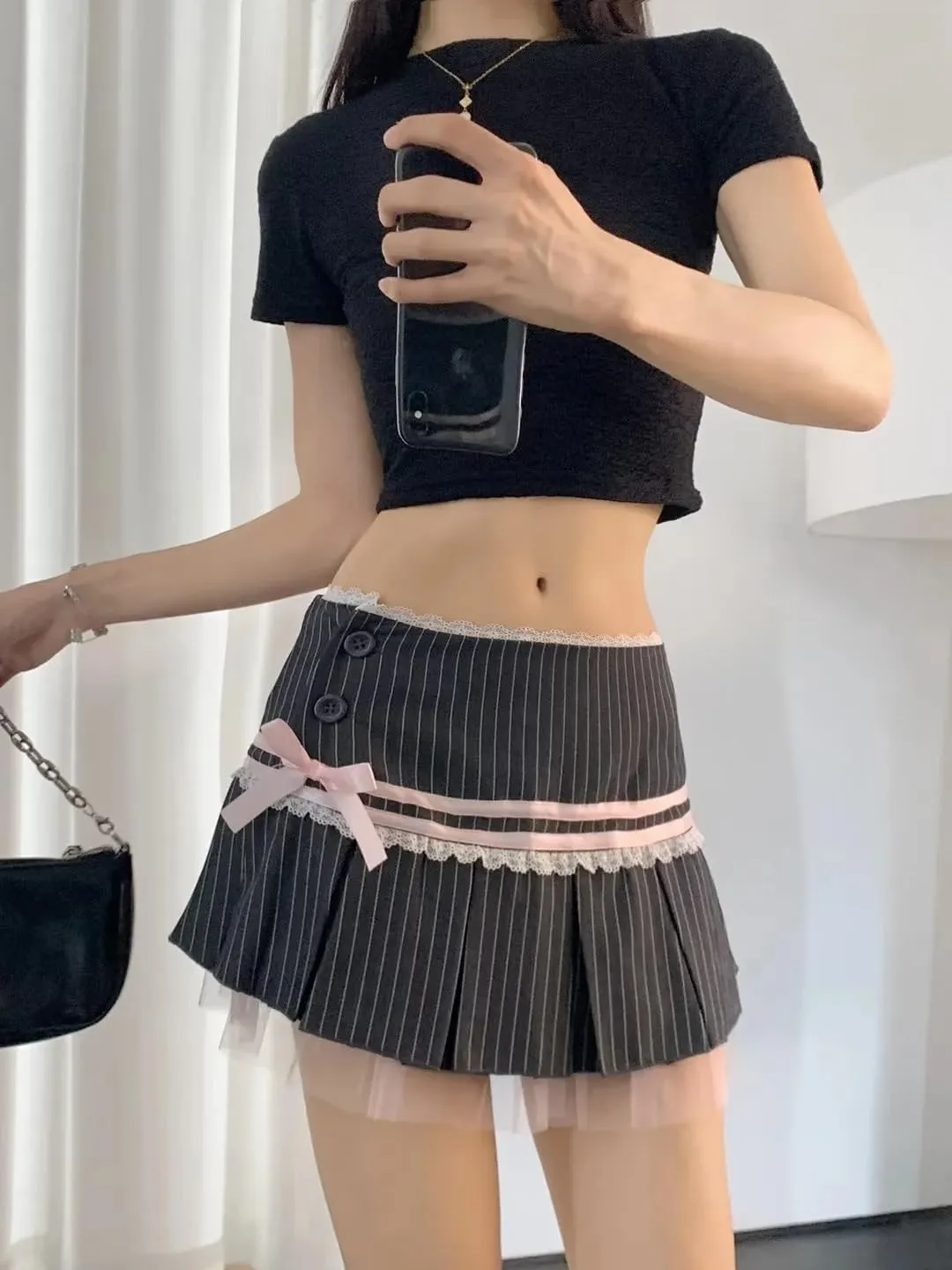 Cute Bow Lace Cutecore A Line Skirt Low-Rise Mini Skort Pleated Skirt with Lining Shorts