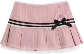 Cute Bow Lace Cutecore A Line Skirt Low-Rise Mini Skort Pleated Skirt with Lining Shorts