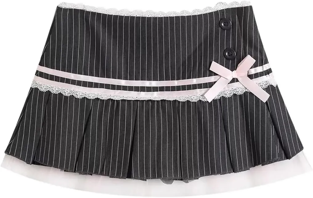 Cute Bow Lace Cutecore A Line Skirt Low-Rise Mini Skort Pleated Skirt with Lining Shorts