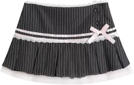 Cute Bow Lace Cutecore A Line Skirt Low-Rise Mini Skort Pleated Skirt with Lining Shorts