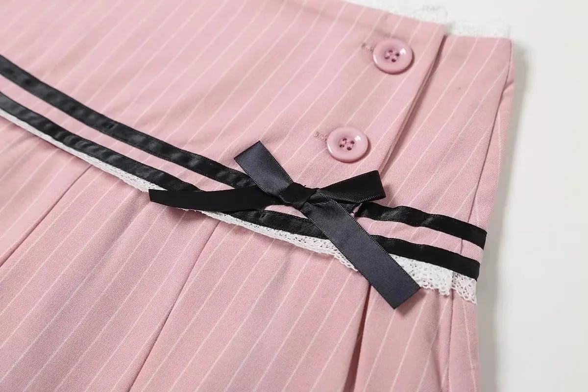 Cute Bow Lace Cutecore A Line Skirt Low-Rise Mini Skort Pleated Skirt with Lining Shorts