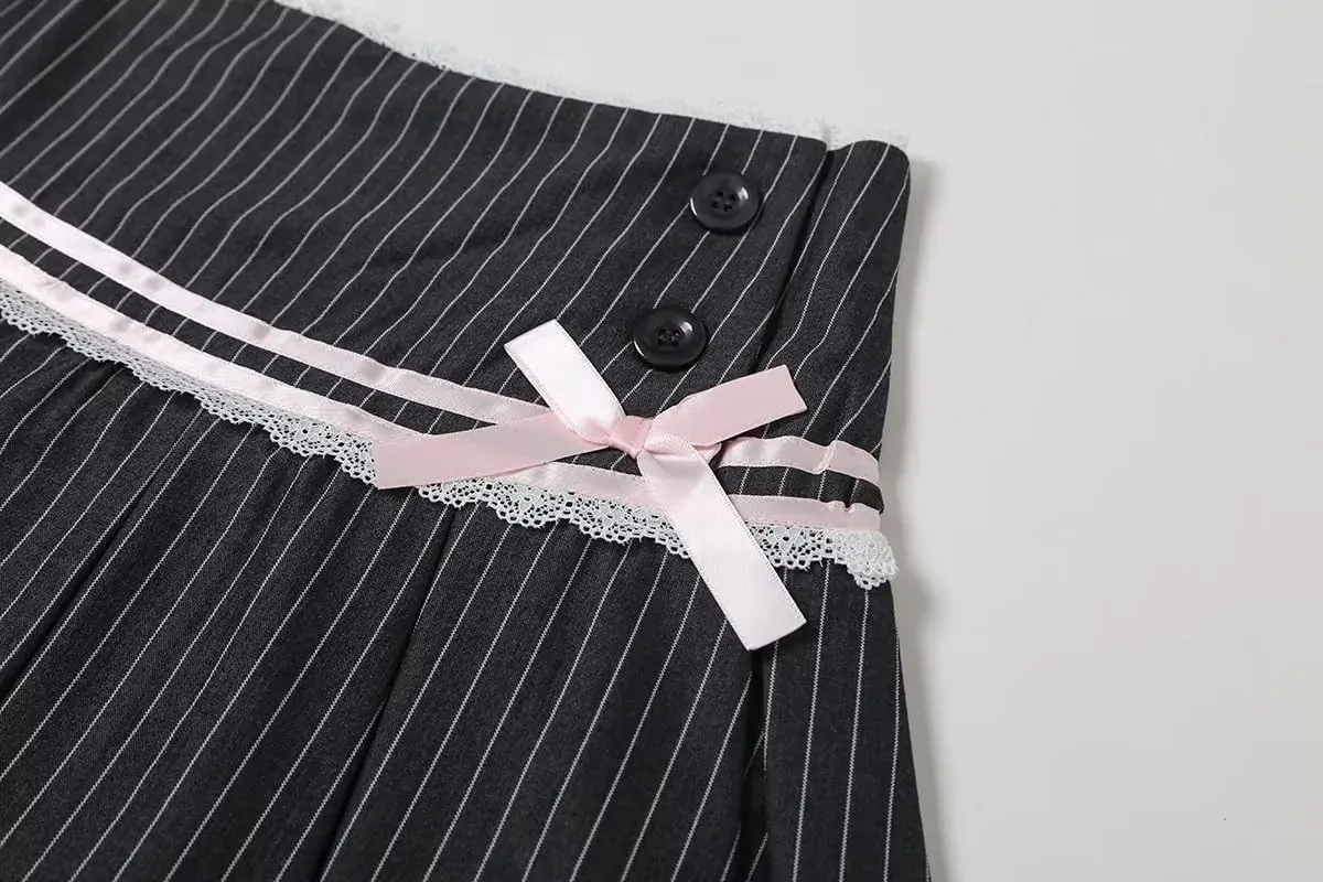Cute Bow Lace Cutecore A Line Skirt Low-Rise Mini Skort Pleated Skirt with Lining Shorts