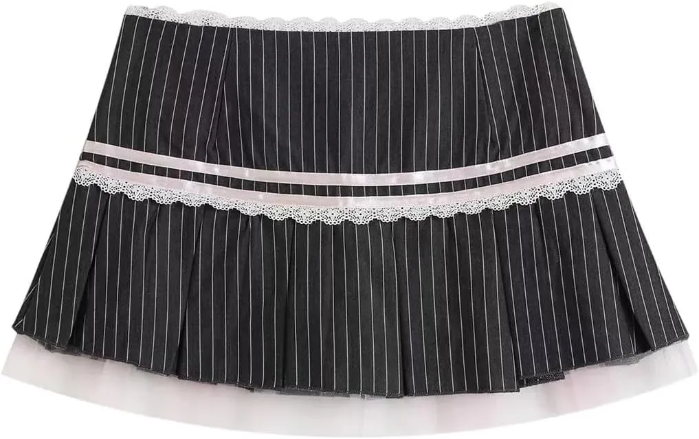 Cute Bow Lace Cutecore A Line Skirt Low-Rise Mini Skort Pleated Skirt with Lining Shorts