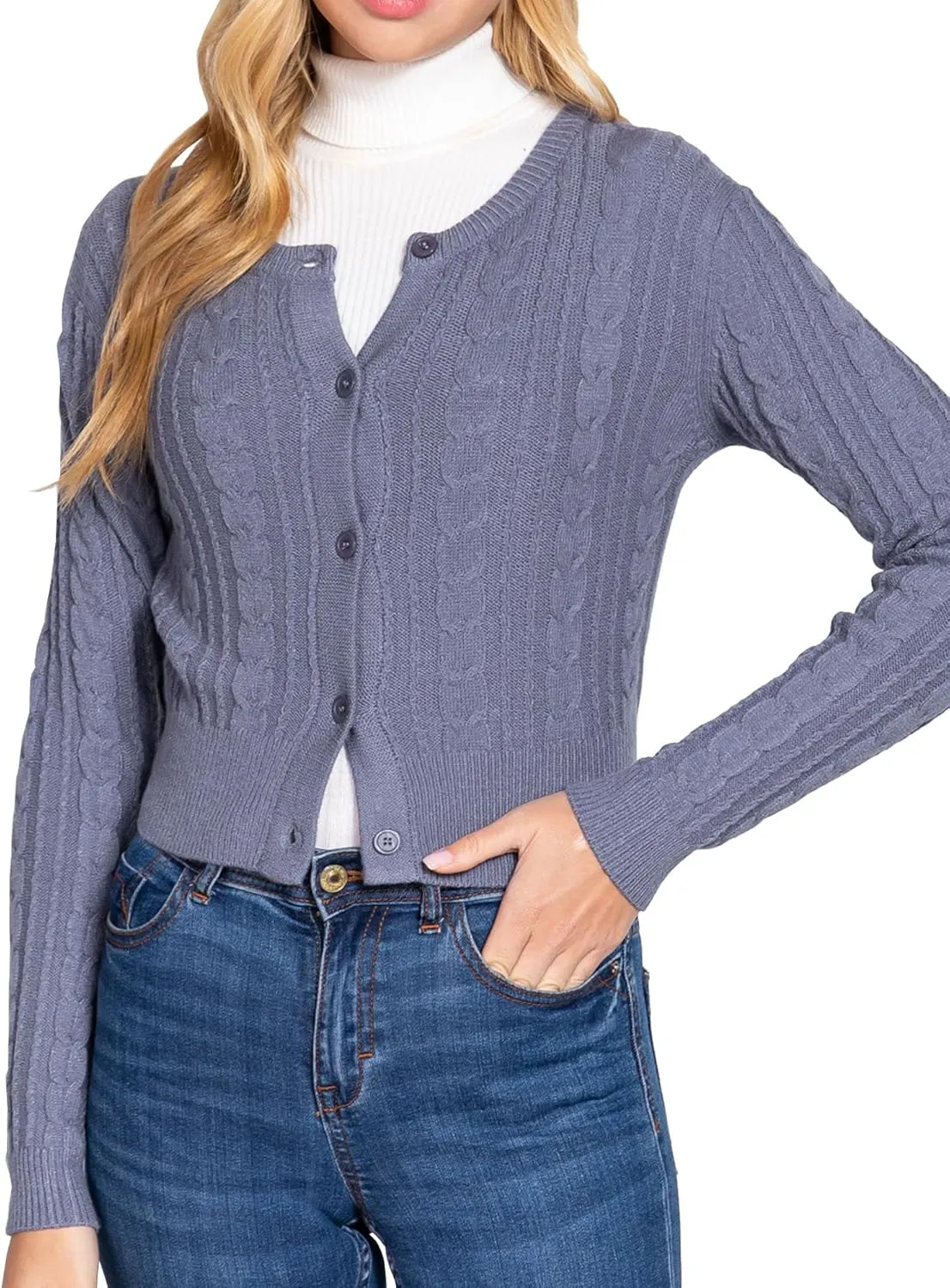 DAY VILLAGE Women's Casual Button Down Classic Retro Style Cable Pattern Cropped Sweater Knit Cardigan