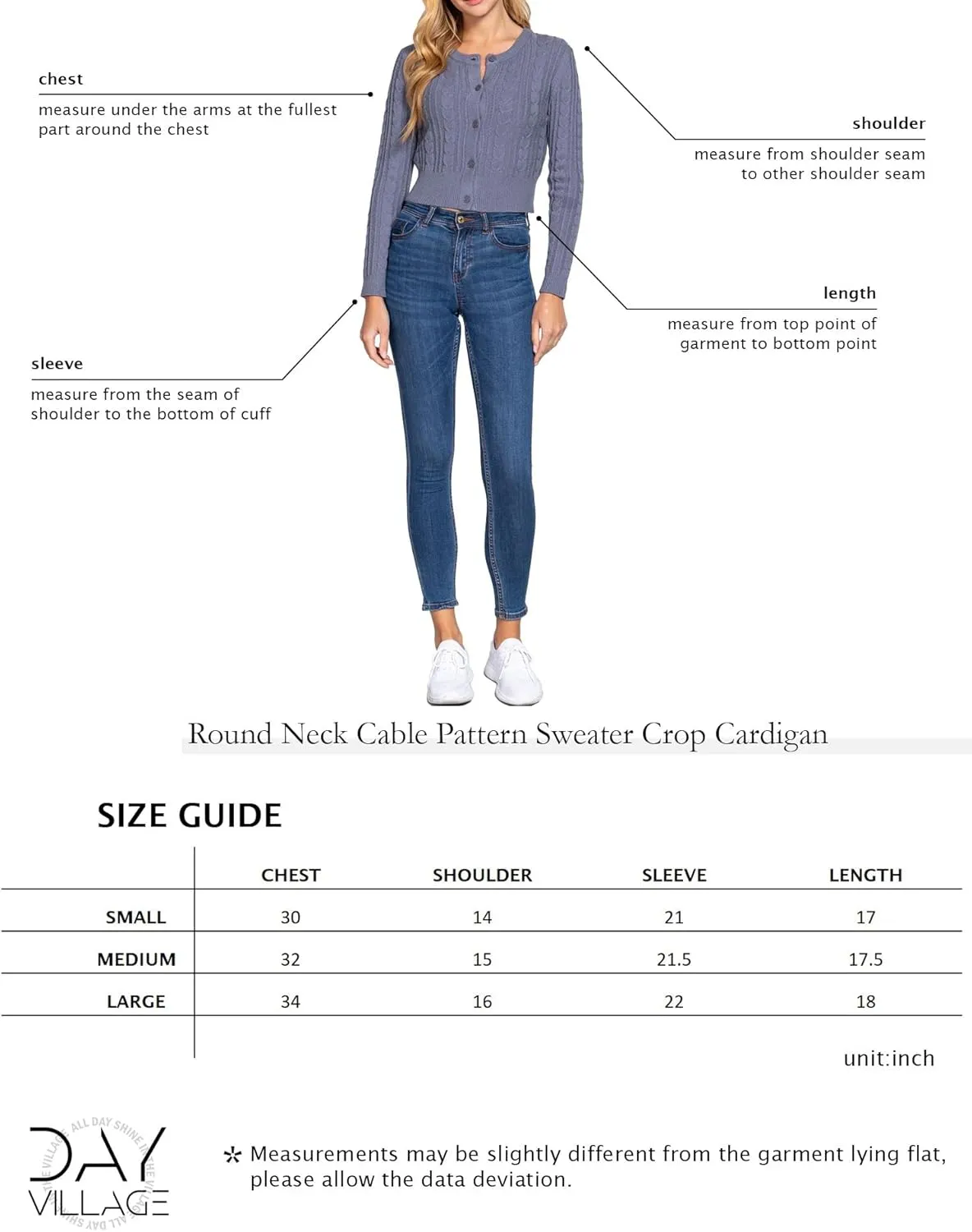 DAY VILLAGE Women's Casual Button Down Classic Retro Style Cable Pattern Cropped Sweater Knit Cardigan