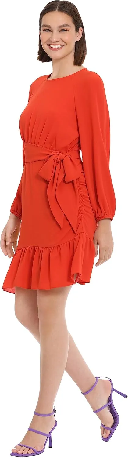 Donna Morgan Women's Long Sleeve Asymmetrical Hem Flounce Dress with Waist Tie Event Party Occasion Guest of