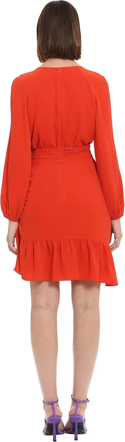 Donna Morgan Women's Long Sleeve Asymmetrical Hem Flounce Dress with Waist Tie Event Party Occasion Guest of