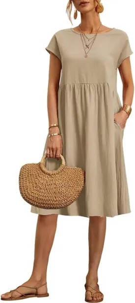 Dresses for Women 2024 Summer Cotton Linen Solid Gauze Dress Loose Casual Beach Vacation Flowy Midi Dress with Pockets
