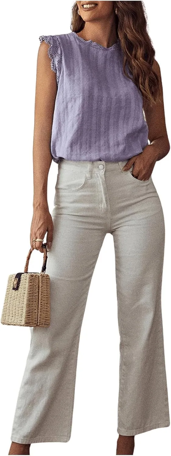 Floerns Women's Mock Neck Guipure Lace Trim Blouse Tops