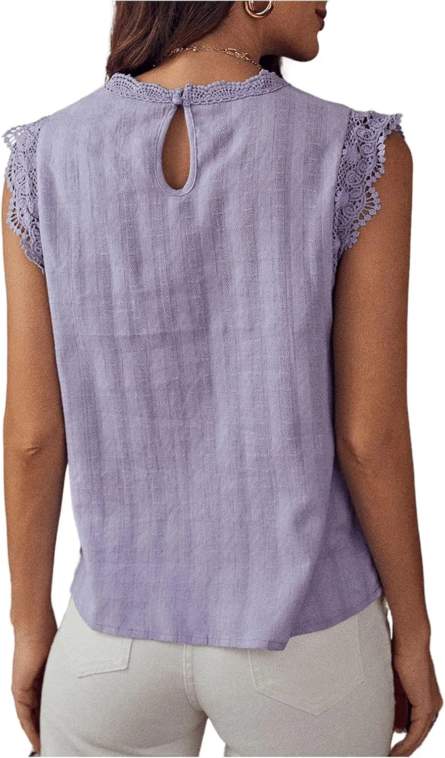 Floerns Women's Mock Neck Guipure Lace Trim Blouse Tops