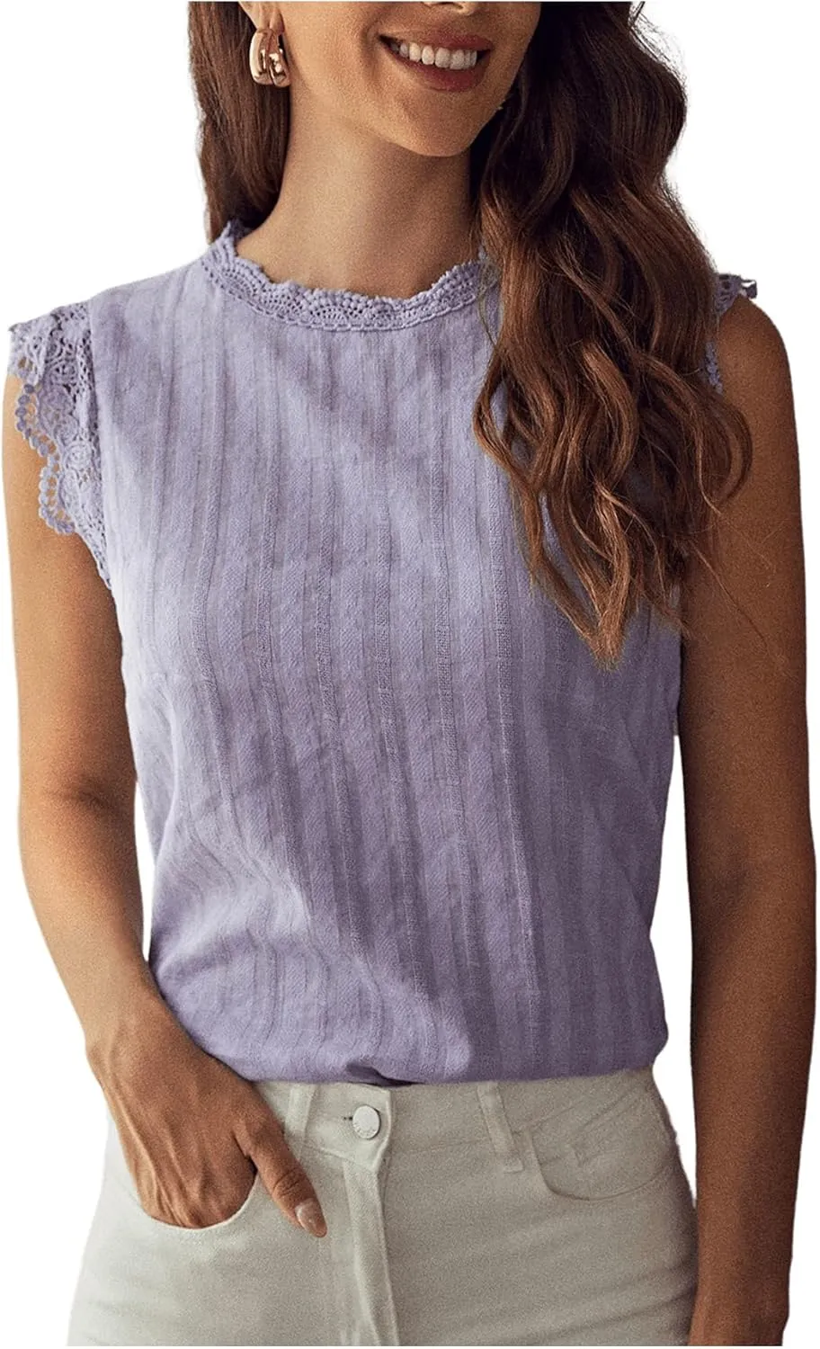 Floerns Women's Mock Neck Guipure Lace Trim Blouse Tops