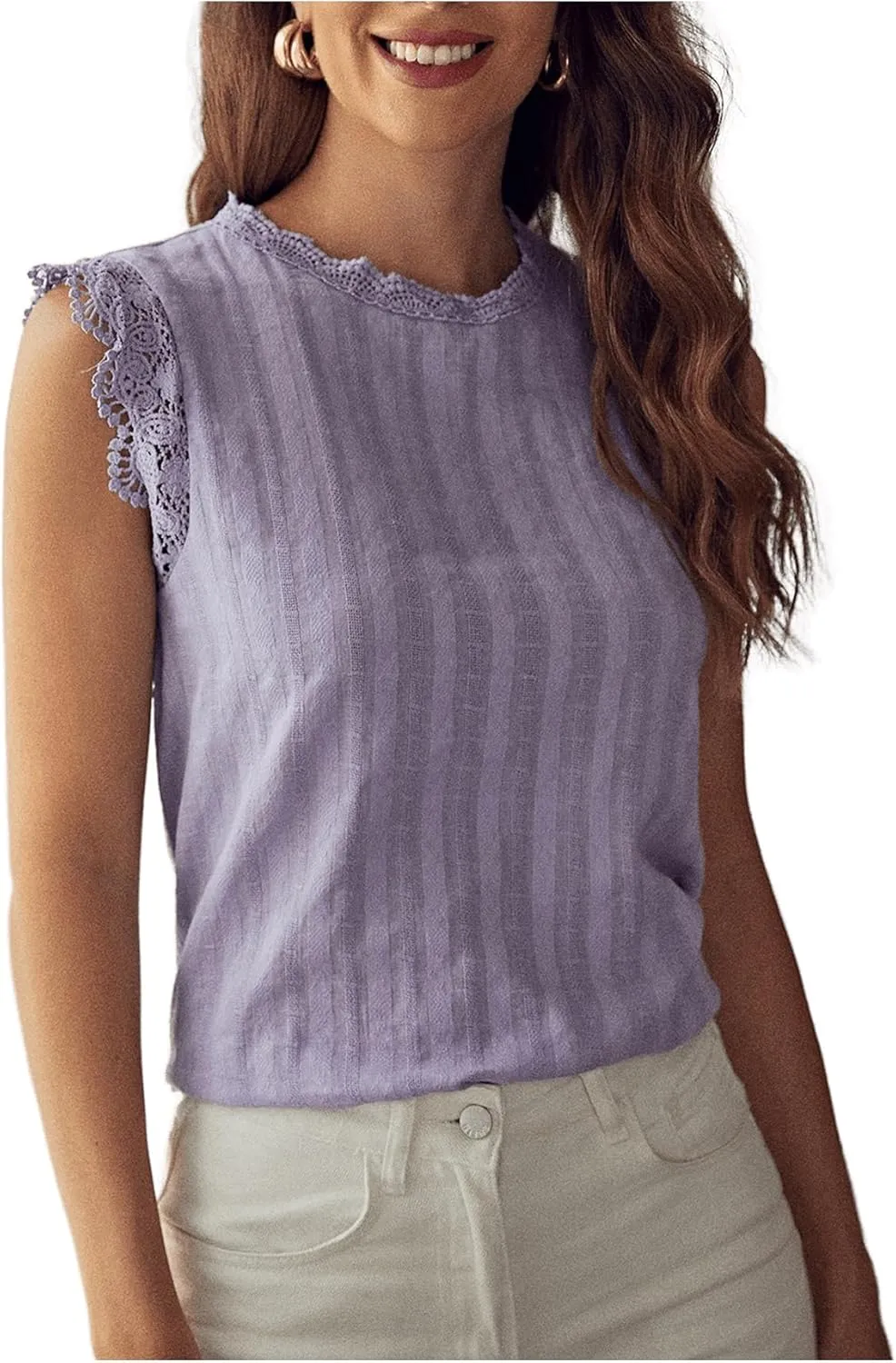 Floerns Women's Mock Neck Guipure Lace Trim Blouse Tops