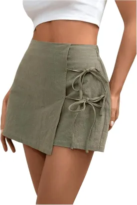 Floerns Women's Solid Wrap Front Linen Skirt Shorts Drawstring Knot Side Skort Shorts