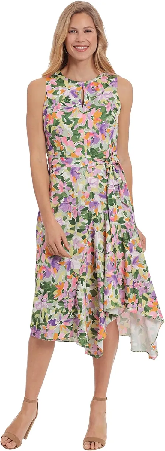 London Times Women's Petite Jewel Neck Keyhole Asymmetrical Hanky Hem Dress Guest of Wedding Church Easter Brunch