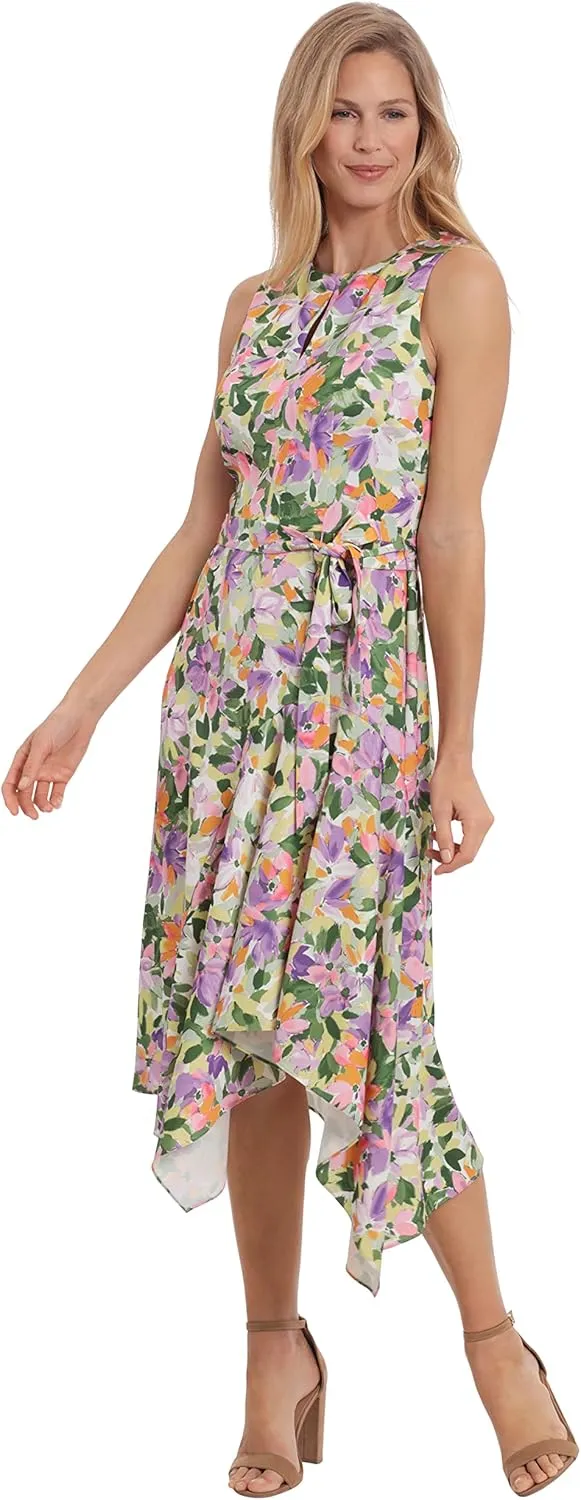 London Times Women's Petite Jewel Neck Keyhole Asymmetrical Hanky Hem Dress Guest of Wedding Church Easter Brunch