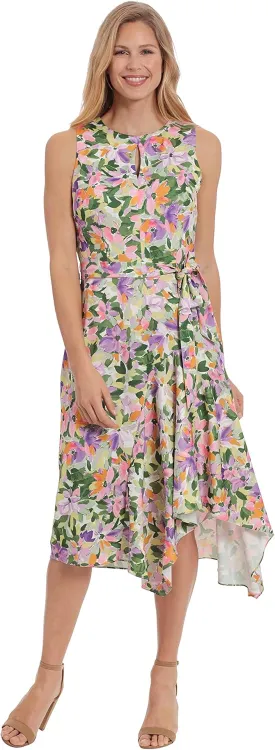 London Times Women's Petite Jewel Neck Keyhole Asymmetrical Hanky Hem Dress Guest of Wedding Church Easter Brunch