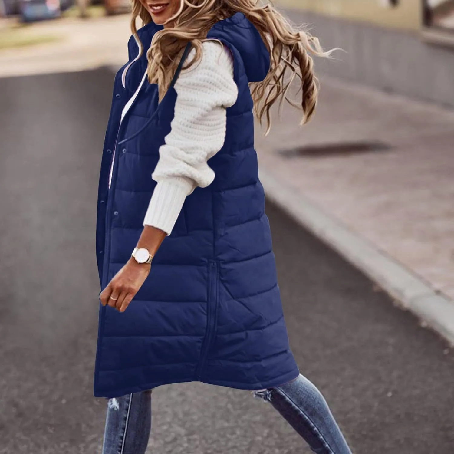 Long Puffer Vest Women Plus Size Winter Warm Coat Sleeveless Puffer Jacket Zipper Hooded Outerwear with Pockets