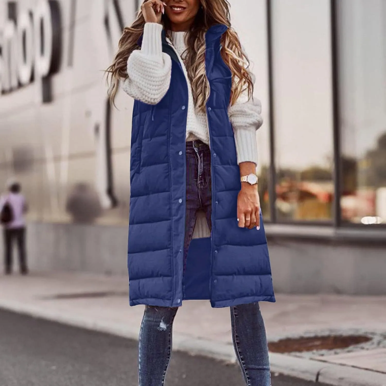 Long Puffer Vest Women Plus Size Winter Warm Coat Sleeveless Puffer Jacket Zipper Hooded Outerwear with Pockets