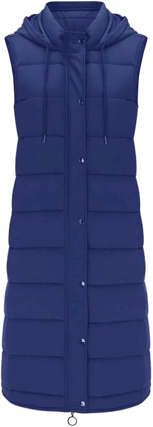 Long Puffer Vest Women Plus Size Winter Warm Coat Sleeveless Puffer Jacket Zipper Hooded Outerwear with Pockets
