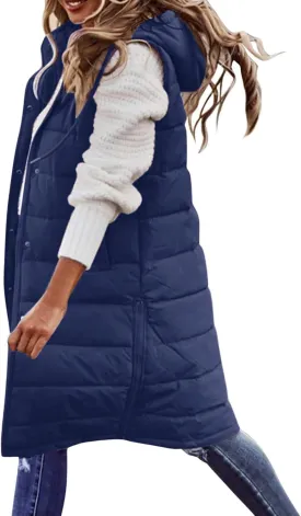 Long Puffer Vest Women Plus Size Winter Warm Coat Sleeveless Puffer Jacket Zipper Hooded Outerwear with Pockets