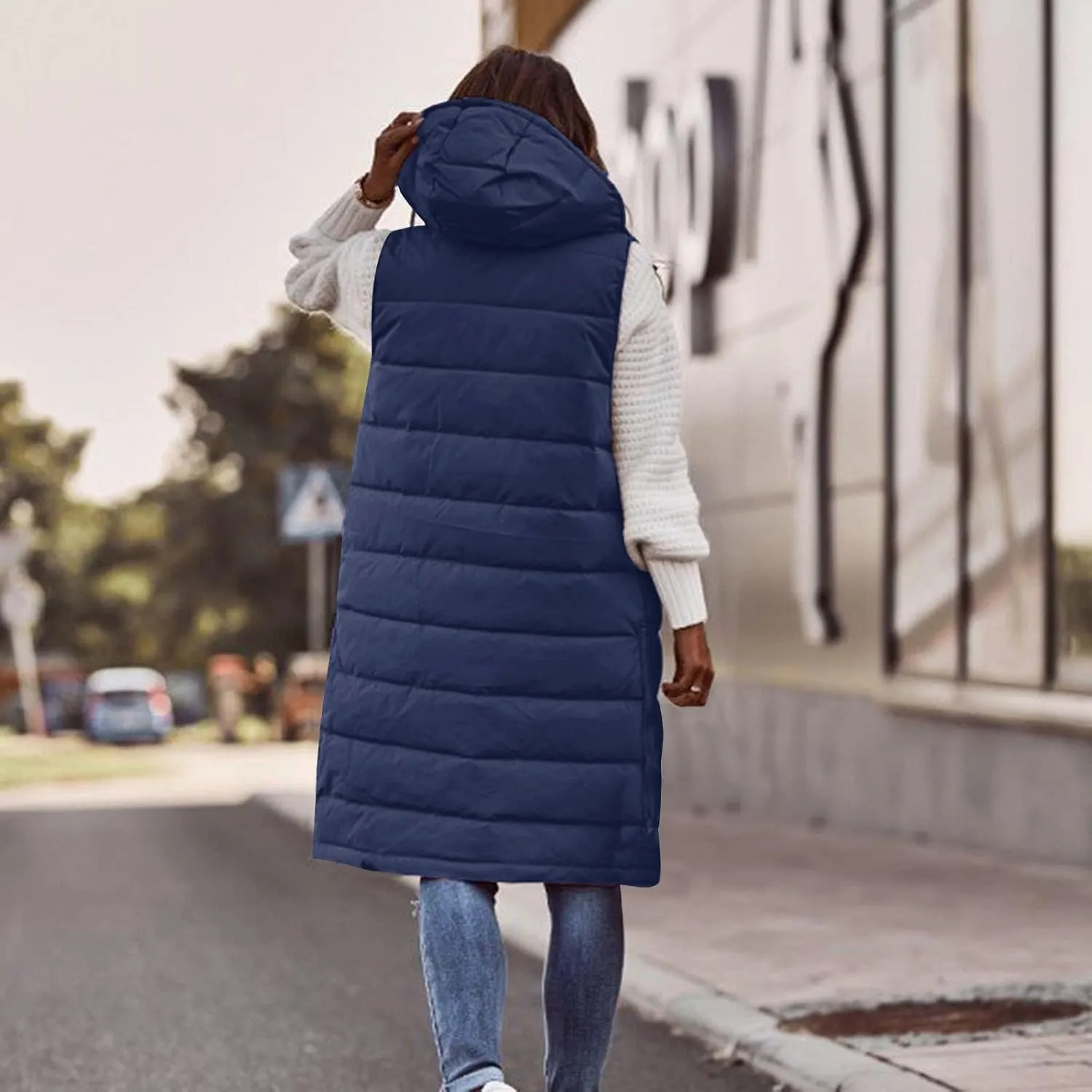 Long Puffer Vest Women Plus Size Winter Warm Coat Sleeveless Puffer Jacket Zipper Hooded Outerwear with Pockets
