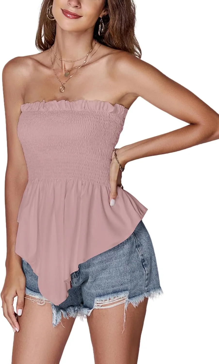 LYANER Women's Frill Shirred Ruffle Hem Strapless Tube Top Sleeveless Pleated Peplum Bandeau Blouse