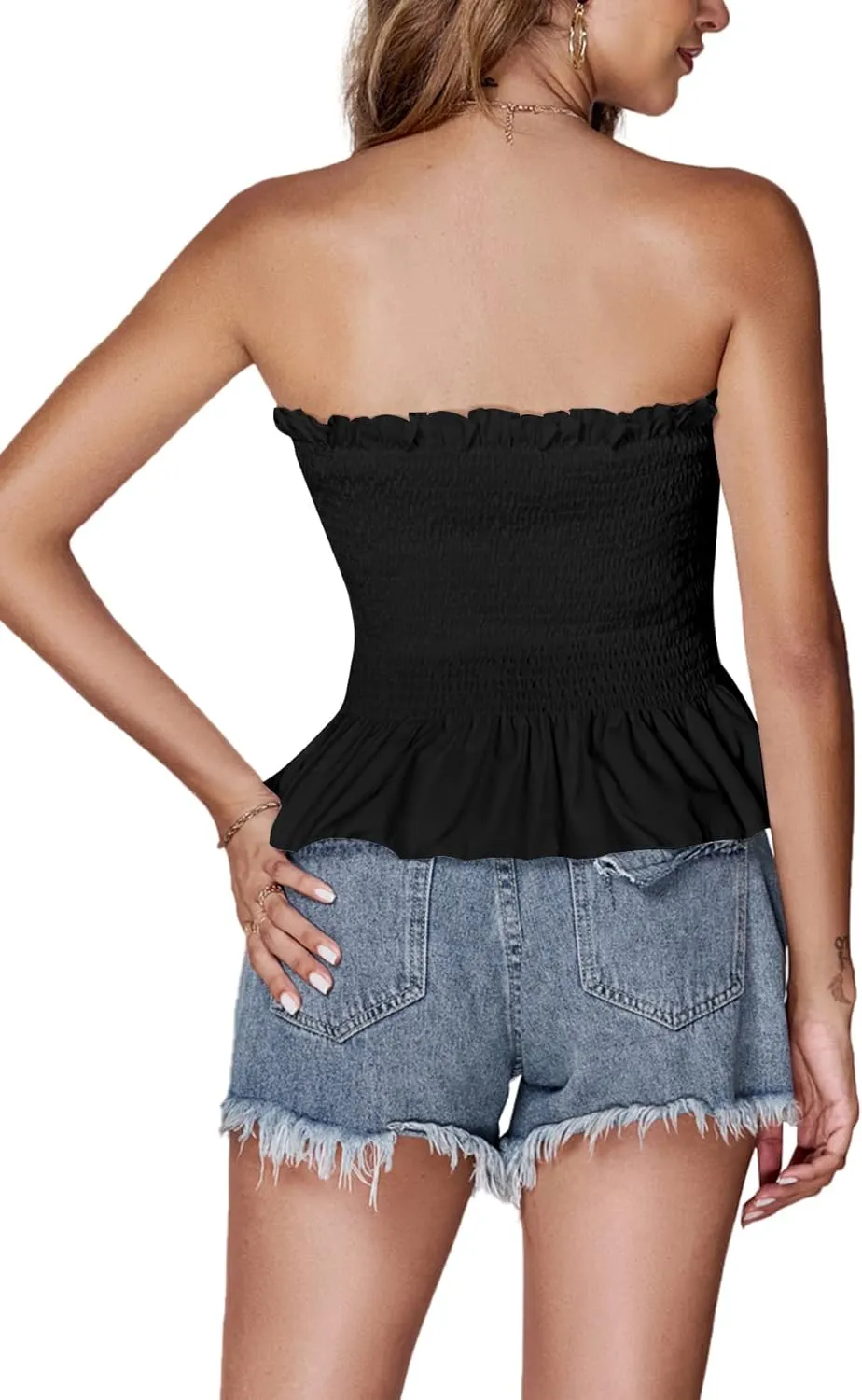 LYANER Women's Frill Shirred Ruffle Hem Strapless Tube Top Sleeveless Pleated Peplum Bandeau Blouse