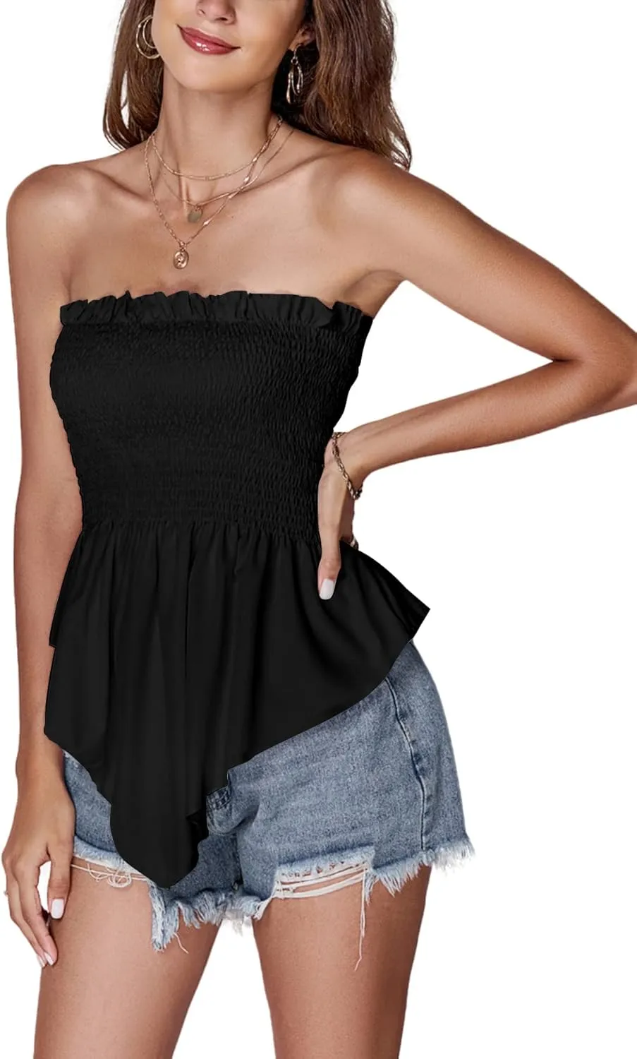 LYANER Women's Frill Shirred Ruffle Hem Strapless Tube Top Sleeveless Pleated Peplum Bandeau Blouse