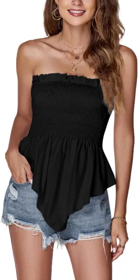 LYANER Women's Frill Shirred Ruffle Hem Strapless Tube Top Sleeveless Pleated Peplum Bandeau Blouse