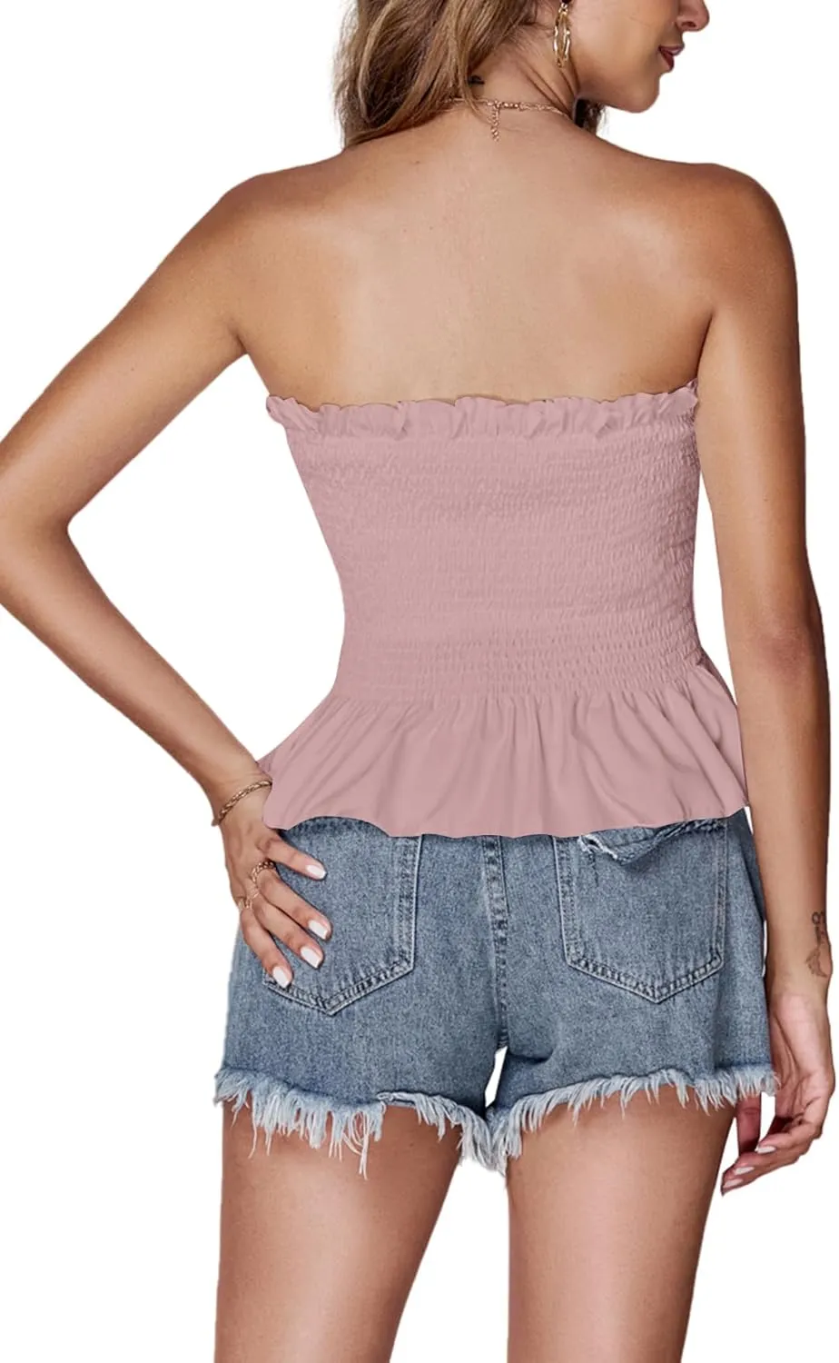 LYANER Women's Frill Shirred Ruffle Hem Strapless Tube Top Sleeveless Pleated Peplum Bandeau Blouse
