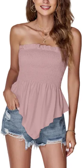 LYANER Women's Frill Shirred Ruffle Hem Strapless Tube Top Sleeveless Pleated Peplum Bandeau Blouse