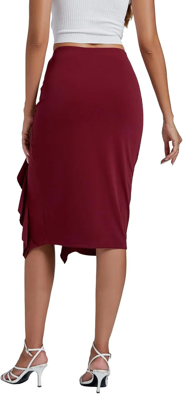 LYANER Women's High Waist Stretchy Ruffle Trim Slit Split Asymmetrical Bodycon Midi Skirt