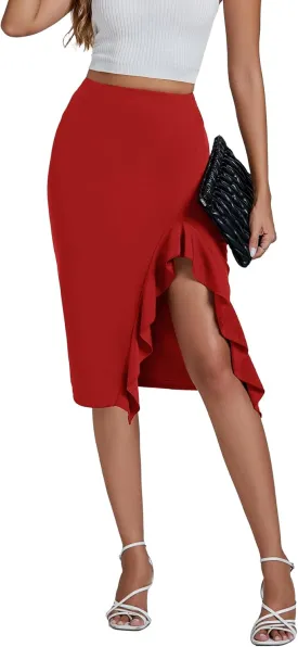 LYANER Women's High Waist Stretchy Ruffle Trim Slit Split Asymmetrical Bodycon Midi Skirt