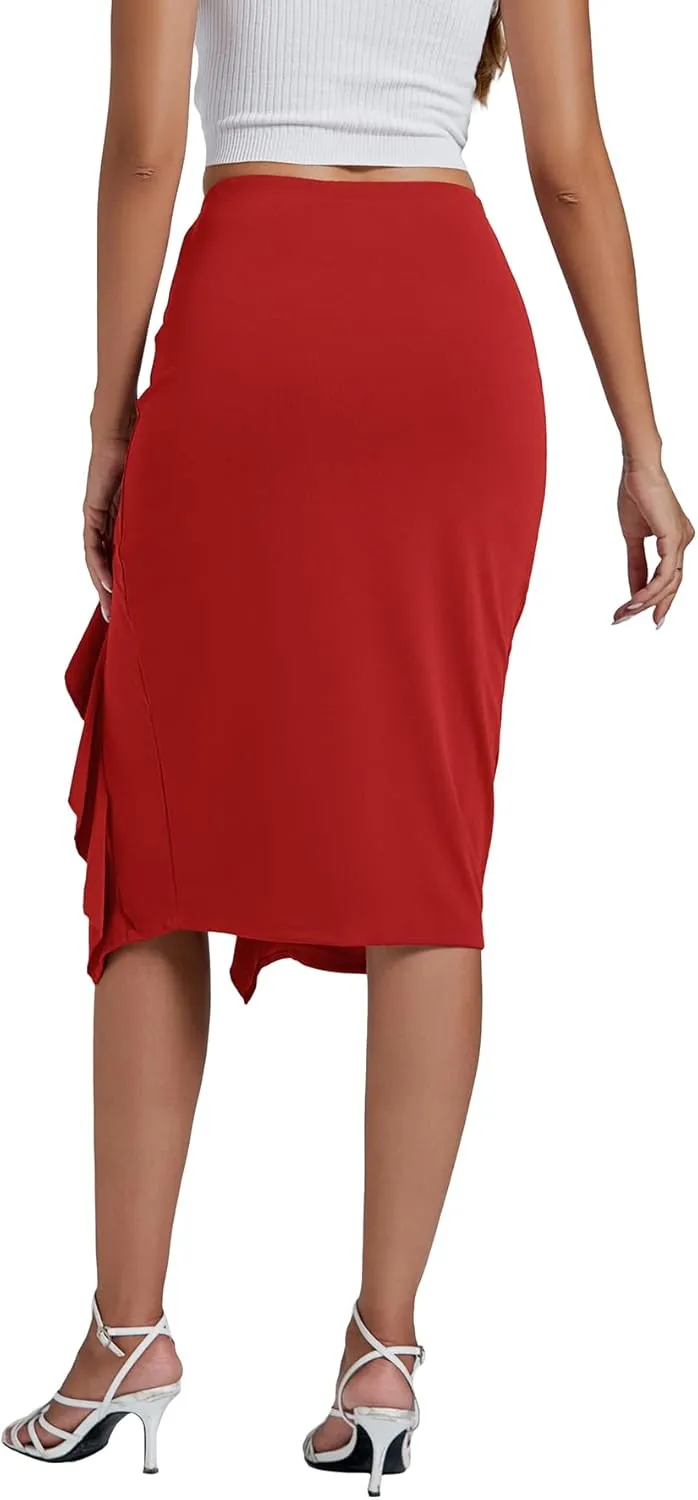 LYANER Women's High Waist Stretchy Ruffle Trim Slit Split Asymmetrical Bodycon Midi Skirt