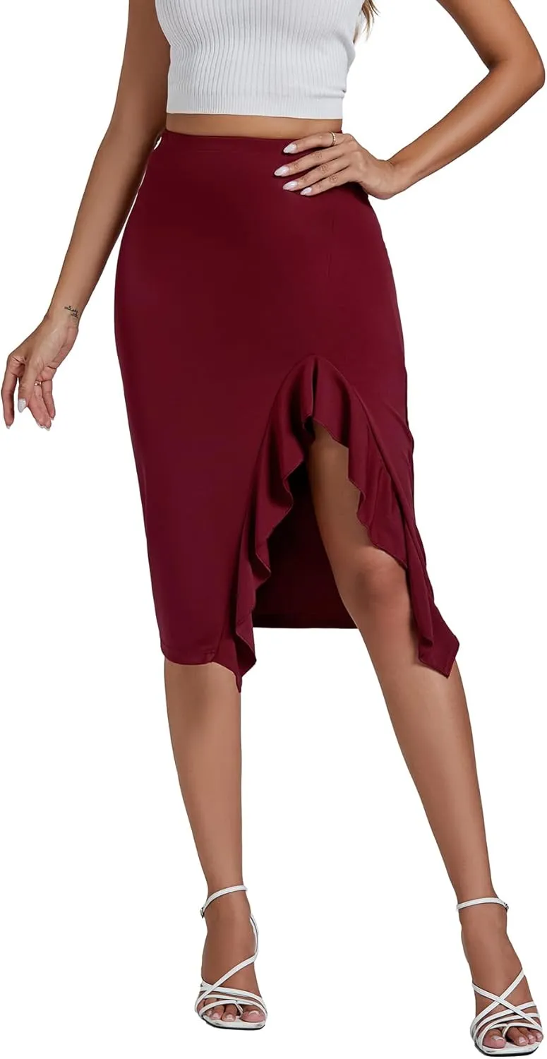 LYANER Women's High Waist Stretchy Ruffle Trim Slit Split Asymmetrical Bodycon Midi Skirt