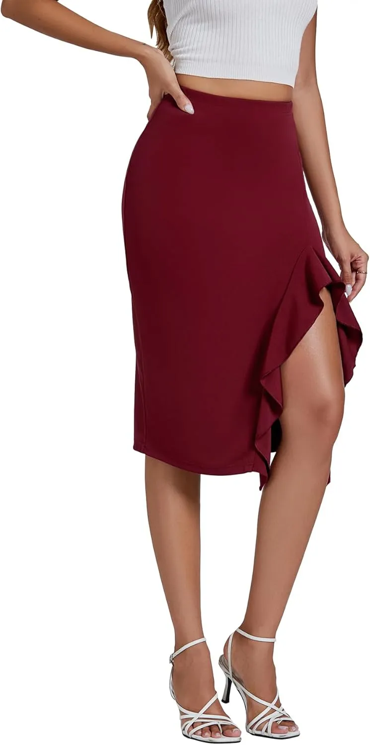 LYANER Women's High Waist Stretchy Ruffle Trim Slit Split Asymmetrical Bodycon Midi Skirt