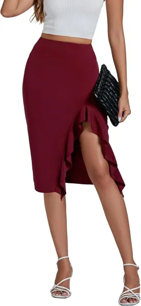 LYANER Women's High Waist Stretchy Ruffle Trim Slit Split Asymmetrical Bodycon Midi Skirt