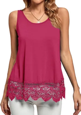 LYANER Women's Lace Hem Boat Neck Sleeveless Swing Trim Loose Tank Tops Blouse