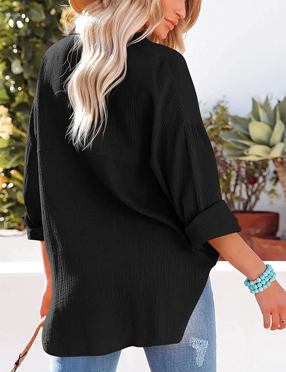 Mingzhu Womens Oversized Button Down Blouse Top Collared Long Sleeve Gauze Shirts