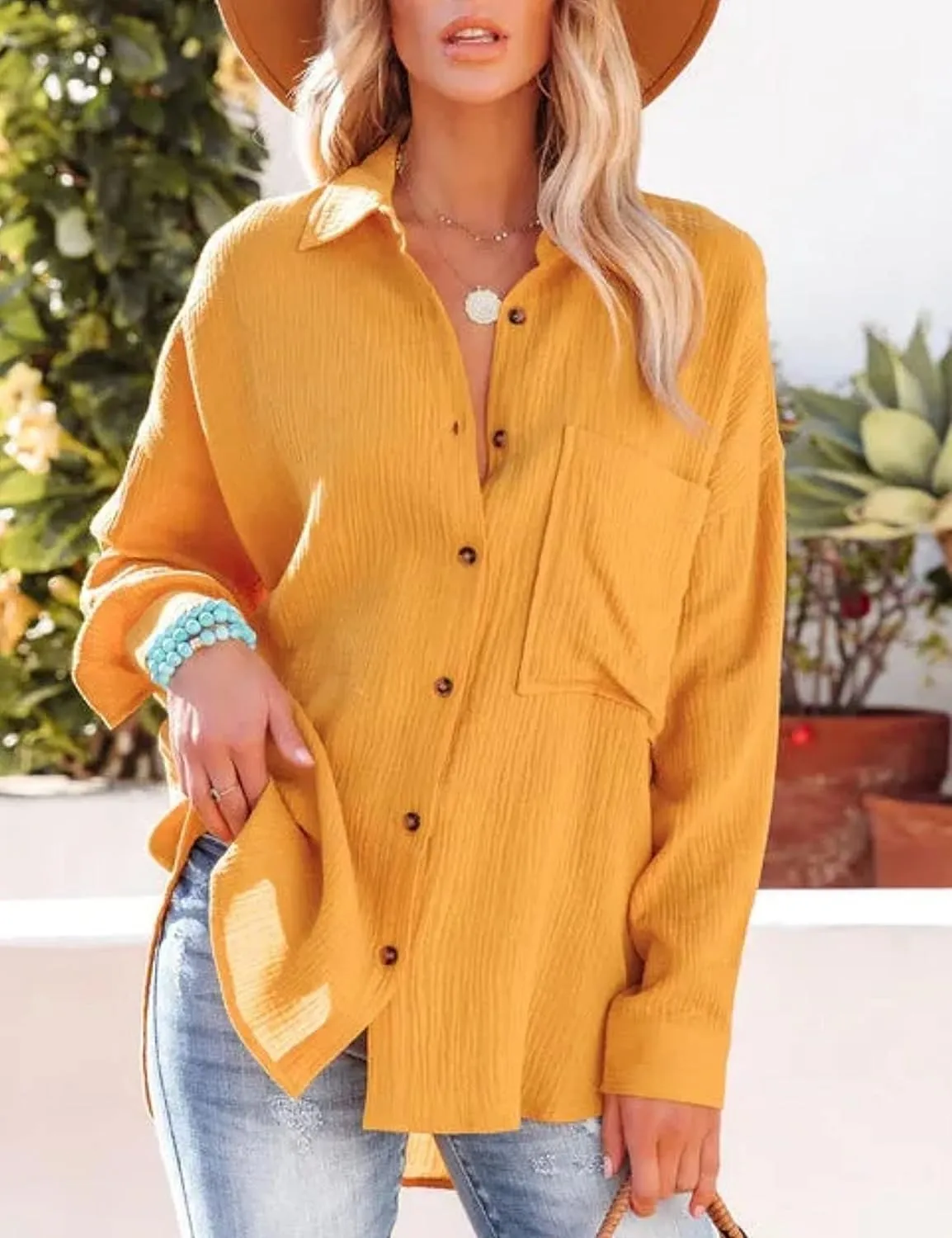 Mingzhu Womens Oversized Button Down Blouse Top Collared Long Sleeve Gauze Shirts