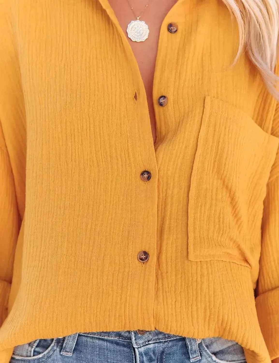 Mingzhu Womens Oversized Button Down Blouse Top Collared Long Sleeve Gauze Shirts